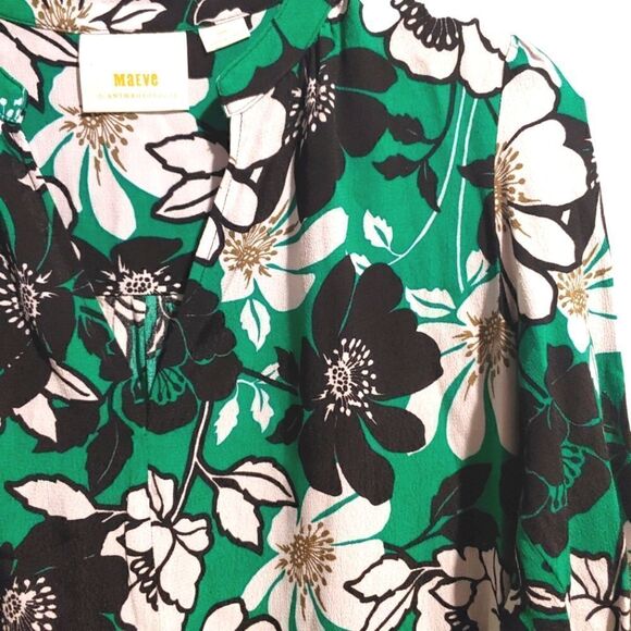 Anthropologie Dress Maeve Green Floral Juno 3/4 Sleeve Black White Size XS - Picture 2 of 5
